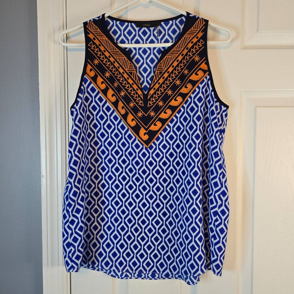 THML Blouse Womens Size Small Orange Blue Geometric Sleeveless Vneck‎ Bold Print
